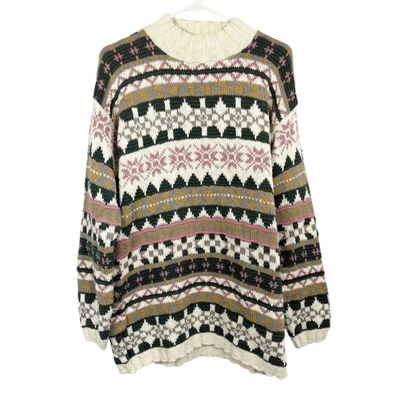 Vintage L.L. Bean Fair Isle Crewneck Sweater Cotton Made in USA - Women's Large - Picture 1 of 6